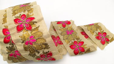 Beige Silk Fabric Trim, Red, Pink & Gold Floral Embroidery Indian Sari Border Trim By Yard Decorative Trim Craft Lace